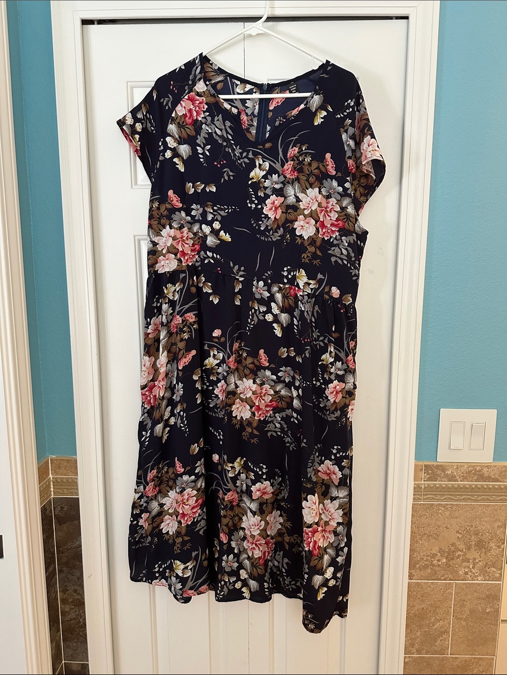 SHEIN Navy Floral V-Neck A-Line Dress with Pink Blooms